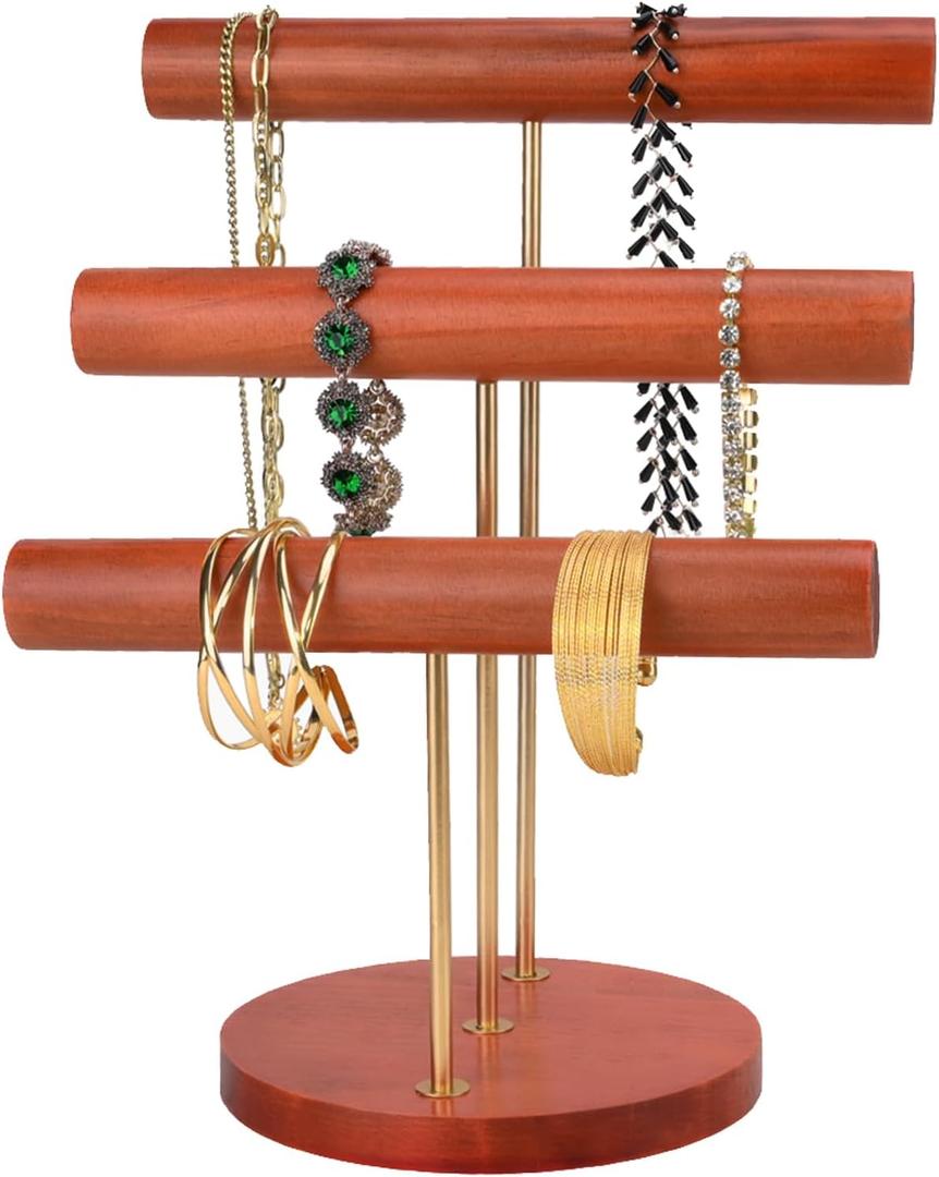 Necklace Bracelet Holder Wooden Jewelry Display Holder T-bar Watches Storage Stand 3-tier Scrunchies Organizer (Brown)