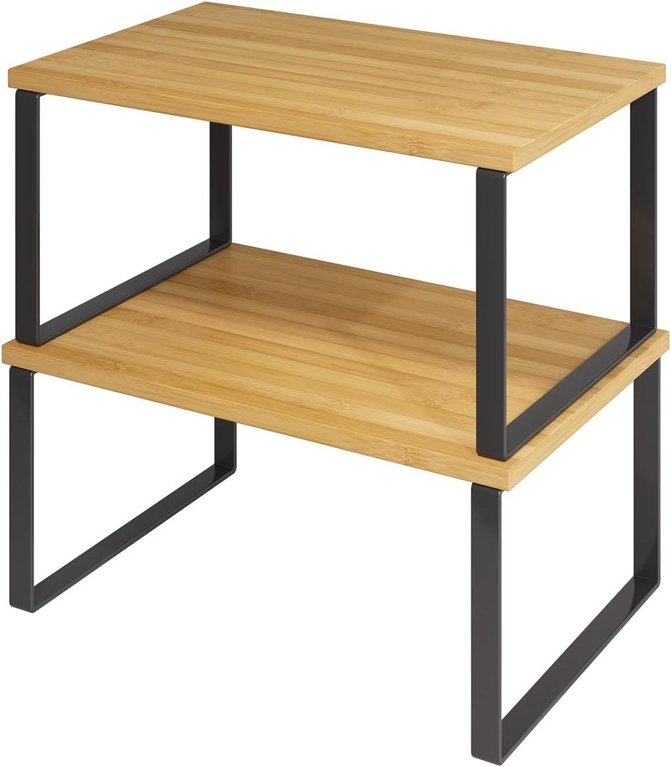 SUYU Kitchen Cabinet Organizer Shelf,Bamboo Spice Rack Set of 2,Space-Saving Countertop Organizer for Kitchen, Office, or Closet, Stackable and Nesting Shelves,Black and Natural SCW201H