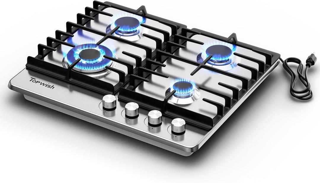 TOPWISH 24 Inch Gas Cooktop, Propane Stove Top with 4 Burners 27,400 BTU, NG/LPG Convertible Built-in Stainless Steel Stovetop with Thermocouple Protection for Kitchen, Apartments, RV