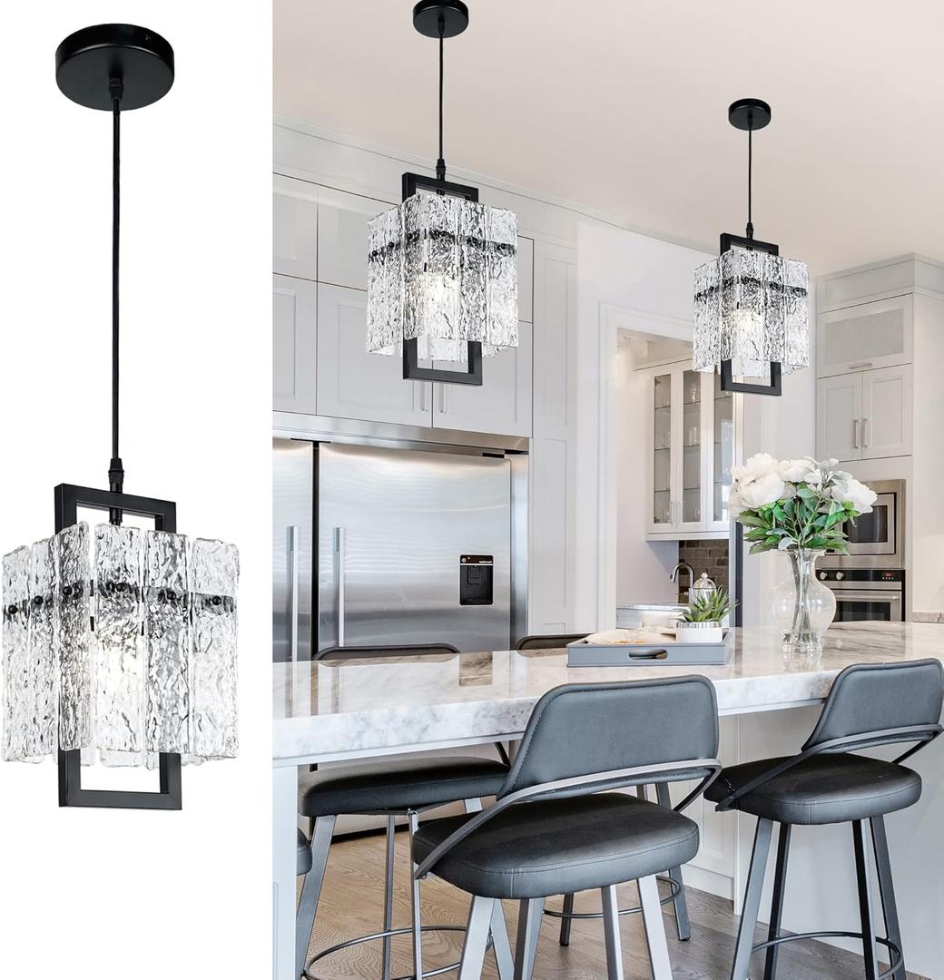 Black Crystal Pendant Light for Kitchen Island, Luxury Water Ripple Glass Chandelier Lights Fixture, Modern Elegant Adjustable Pendant Lighting for Dining Room Bedroom, E12 Bulb, L6.5'' x H11.8'' (Black L7"*H12")