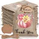 Wesnoy 50 Pcs Thanksgiving Burlap Gift Bags with Drawstring and 50 Pcs Tags 5x7 Autumn Fall Pumpkin Treat Bags Harvest Candy Goodies Sacks for Thanksgiving Party Favor DIY(Pink Pumpkin)