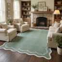 GarveeHome 6x9 Scalloped Area Rug Sage Green Washable Rugs for Living Room Bedroom, Soft Low Pile Non Slip Accent Floor Mat Solid Floral Print Throw Rug Farmhouse Indoor Carpet for Dorm Playroom