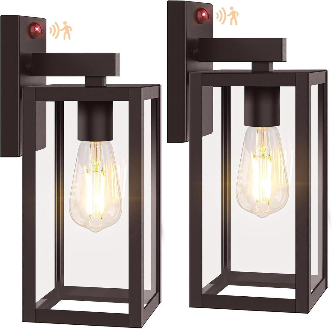 2-Pack Upgraded Motion Sensor Outdoor Wall Lights, 13 Dusk to Dawn Porch Lights Outdoor Wall Sconce Lanterns, 3 Lighting Modes Exterior Lighting Fixtures, Brown Outside Lights for House Patio Garage