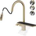 MBILLION Waterfall Kitchen Faucet with Pull-Down Magnetic Sprayer Brushed Gold, Stainless Steel, 4 Functions, Single-Hole Mount, Built-in Shelf, 360 Rotation Farmhouse Commercial RV Bar Sink Faucet