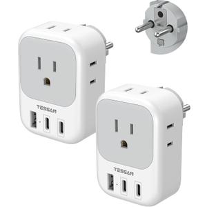 TESSAN 2 Pack Type E F Plug Adapter (2 USB-C), France Spain South Korea Power Adapter with 4 Outlets 3 USB, European Travel Adaptor for US to Germany Iceland Greece Portugal