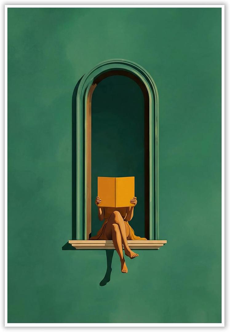 Female Abstract Wall Art Green Wall Art Prints Literary Poster Minimalist Decor Prints Painting Green Portrait Woman Reading Poster 16X24 Inch Unframed for Home Library Study Dorm Bedroom Apartment