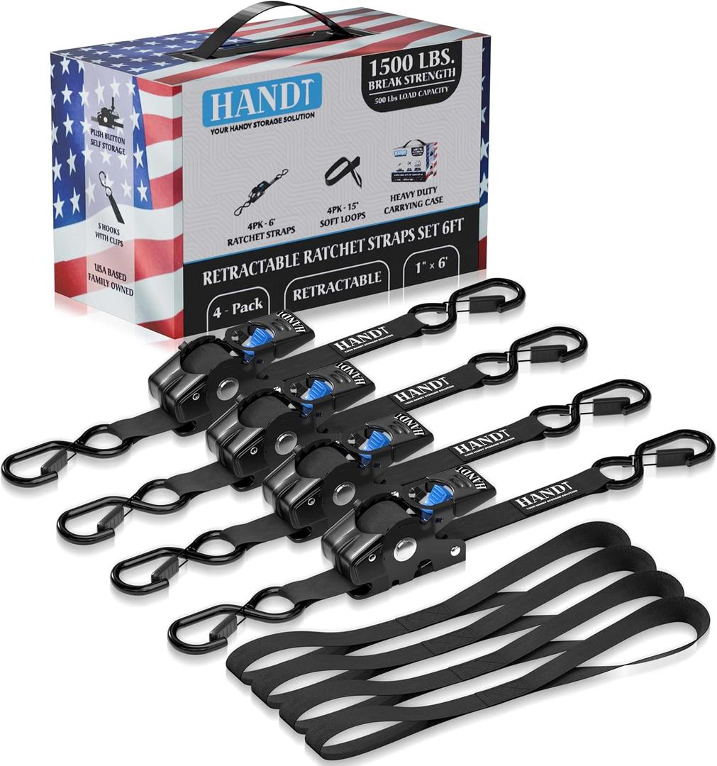 HandT USA Based Retractable Ratchet Straps (4PK) 1in x 6ft - 1,500lb Break Strength, Heavy Duty Automatic Ratchet Straps Self Retractable Tie Down, Push Button Retracting Truck Trailer Cargo | Black