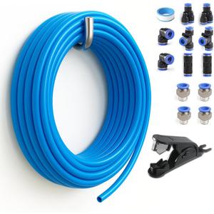 PU Air Line Kit 6mm OD x 4mm ID  32.8ft Blue Flexible Hose with Push to Connect Fittings, Tube Cutter  Pneumatic Air Tubing Kit for Compressor, Air Tools, Laser Assist