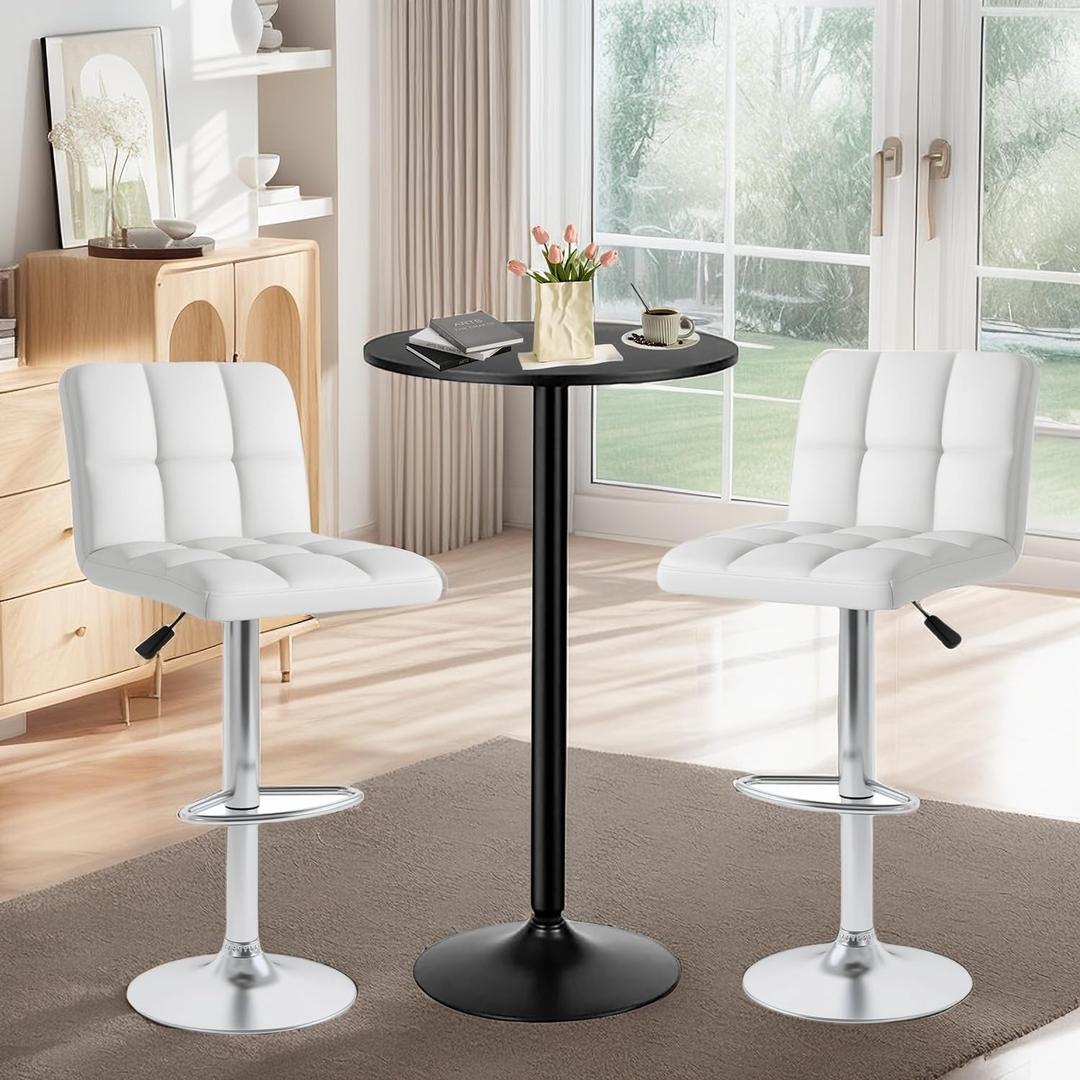 ERGOMASTER 3-Piece Bar Table Set, 24" Round Pub Table & Adjustable Swivel Stools, Modern Bistro Table and Chairs Set for Kitchen or Studio Apartment(Lattice Back, White)