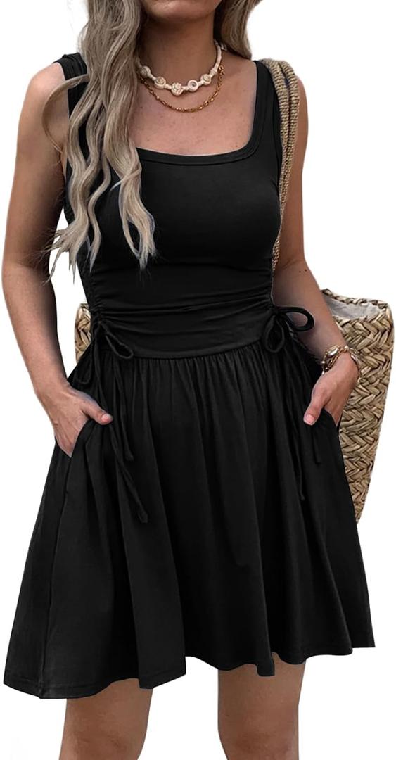 Mieazom Women’s Sleeveless Summer Mini Dress Adjustable Drawstring Ruched Waist Tie Casual A-Line Sundress with Pockets (Black, L)