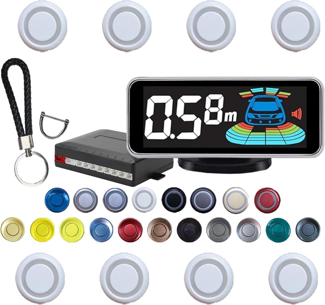 Backup Parktronic System Car Auto Vehicle Reverse with 8 Parking Sensors kit, LCD Display, Distance Detection (Meter/Foot Switchable), Buzzer Alarm and Voice Prompt FunctionWhite