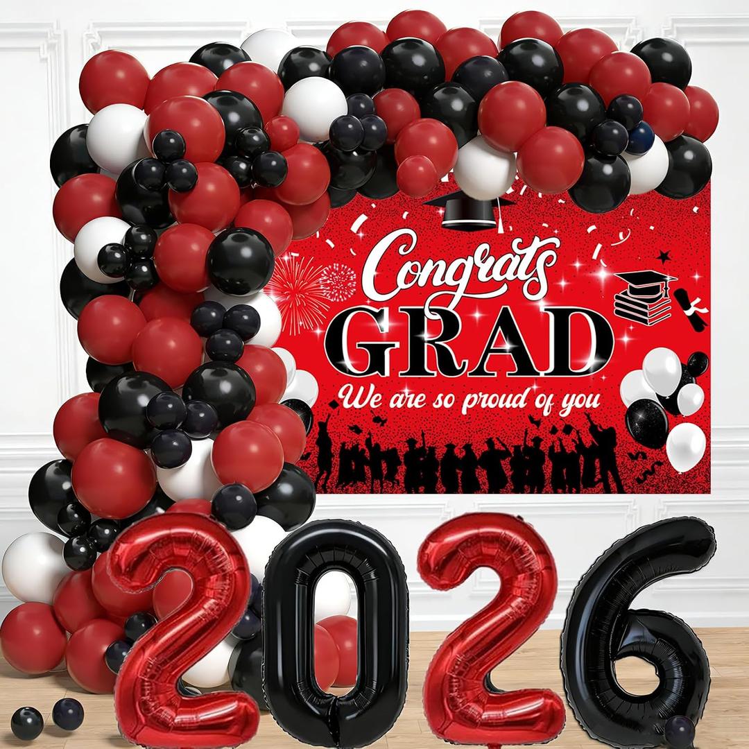 Red and Black Graduation Party Decorations 2026 - Graduation Balloon Arch Kit With Red Black Graduation Balloons, Congrats Grad Backdrop, 2026 Foil Balloons For High College School Gradua tion Decor
