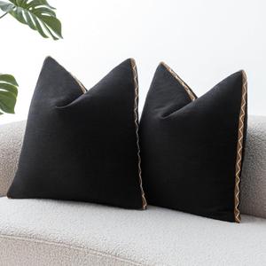 Decorative Neutral Linen Throw Pillow Covers 18x18 Inch Set of 2, Black Boho Farmhouse Pillow Covers with Braid Fringe for Sofa Bed Modern Couch Pillow Cases for Organic Home Decor