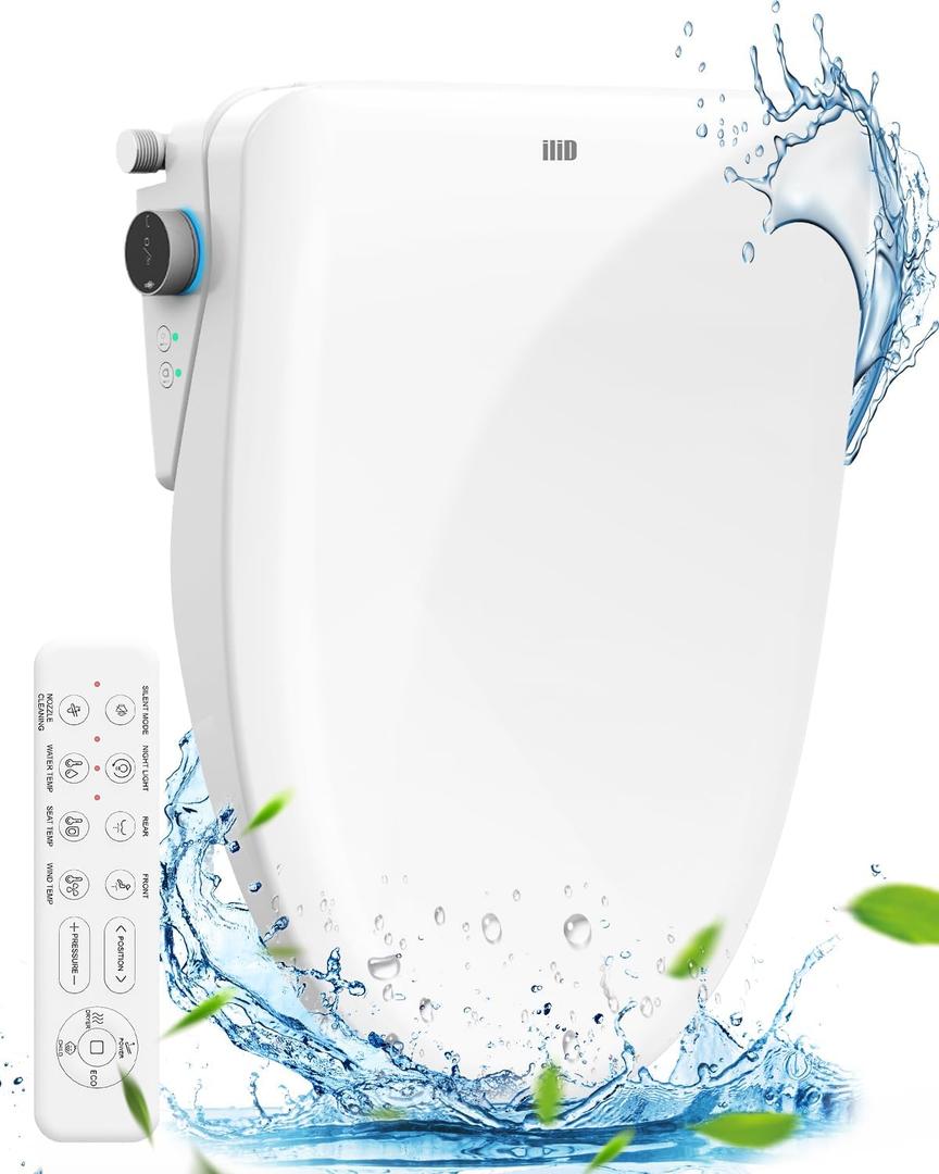 iliD Bidet Seat, Toilet Seat, Electric Elongated Ecoseat with Four Cleaning Modes, Adjustable Angle and Pressure, Remote Control, Slow Close Lid, Easy Installation