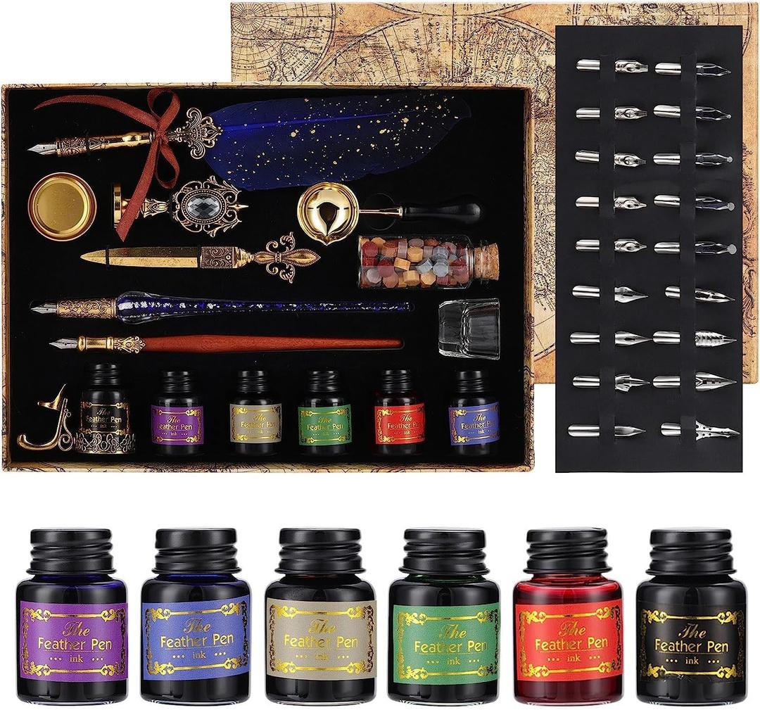 Joyeee Quill Writing Pen Ink Stationery Set, Classic Antique Pens Set, Idea for Beginners Artists Drawing, Arts Crafts Signatures, Decoration, Women Gift Selection Calligraphy Kits #87