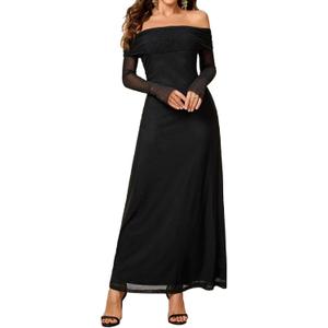 Colysmo Women Long Sleeve Mesh Off Shoulder Bodycon Maxi Dress Formal Wedding Guest Elegant Party Dresses (Large, Black)