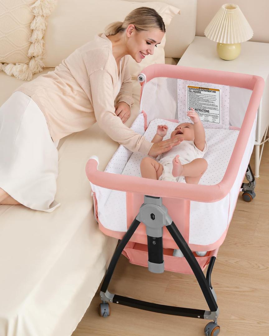 Bedside Bassinet for Baby, 3 in 1 Breathable Mesh Baby Bassinet, 6 Height Adjustable, Easy to Assemble, Bassinet Bedside Sleeper with Wheels, Mosquito Net, Storage Basket, Bassinets for Newborn Baby | Multi-functional (Pink)