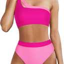 MOOSLOVER Women Cutout One Shoulder High Waisted Bikini High Cut Two Piece Swimsuits (Small, Pink Rose)