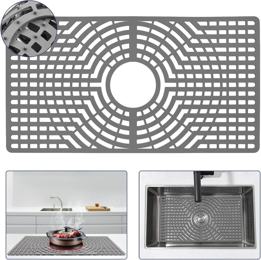 Silicone Sink Protector 26"x14" Center Drain Hole, Heat Resistant Non-slip Dishwasher Suitable, Large Mat for Bottom of Farmhouse Kitchen Stainless Steel Sink(Grey)