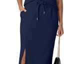 GRECERELLE Women Summer Casual 2 Piece Sets V-Neck Wrinkle-Free Top & Elastic Waist Midi Side Slit Skirt with Pockets (Black, S)