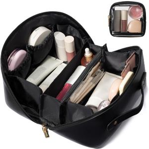 LOVEVOOK Travel Makeup Bag for Women, 2Pcs Large Capacity Cosmetic Organizer Bag, Waterproof PU Leather, Flat Open Portable Small Toiletry Pouch for Skincare, Brushes & Travel Essentials