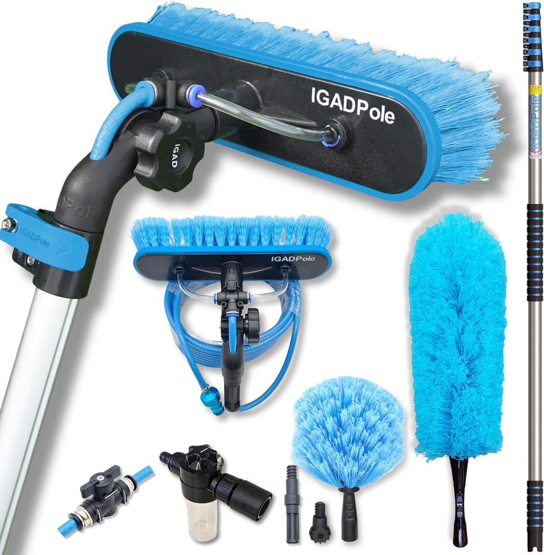 IGADPole 24ft Washing Kit: Water-fed Brush with Soap Dispenser, Cobweb Dusters, with 6-Stage Telescoping Pole 5-20ft Pole/Window and Dusting Cleaning Kit