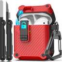 RFUNGUANGO for Airpods 2nd and 1st Generation Protective Cases Automatic Pop-up with Safety Lock Clip, Full Body Shockproof Hard Case with Keychain (Cleaning Tool)- Red