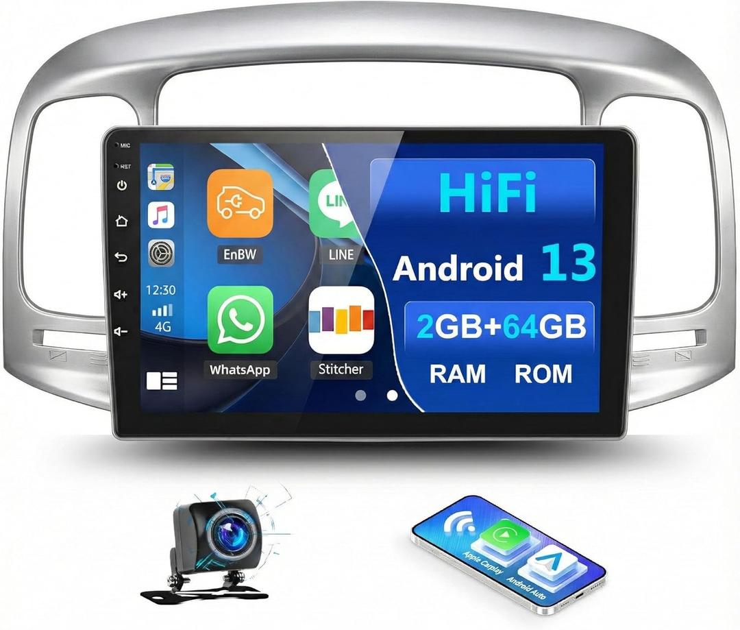 2G+64G Android 13 Car Stereo for Hyundai Accent 2006-2011 with Wireless Apple Carplay Android Auto,9'' Touchscreen Car Radio with WiFi,GPS Navigation,Bluetooth FM/RDS SWC Daul USB+AHD Backup Camera