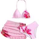 RoseSeek Girl's 3 Piece Cute Bowknot Bathing Suit Halter Triangle High Waisted Swimsuit with Beach Cover Up Skirt