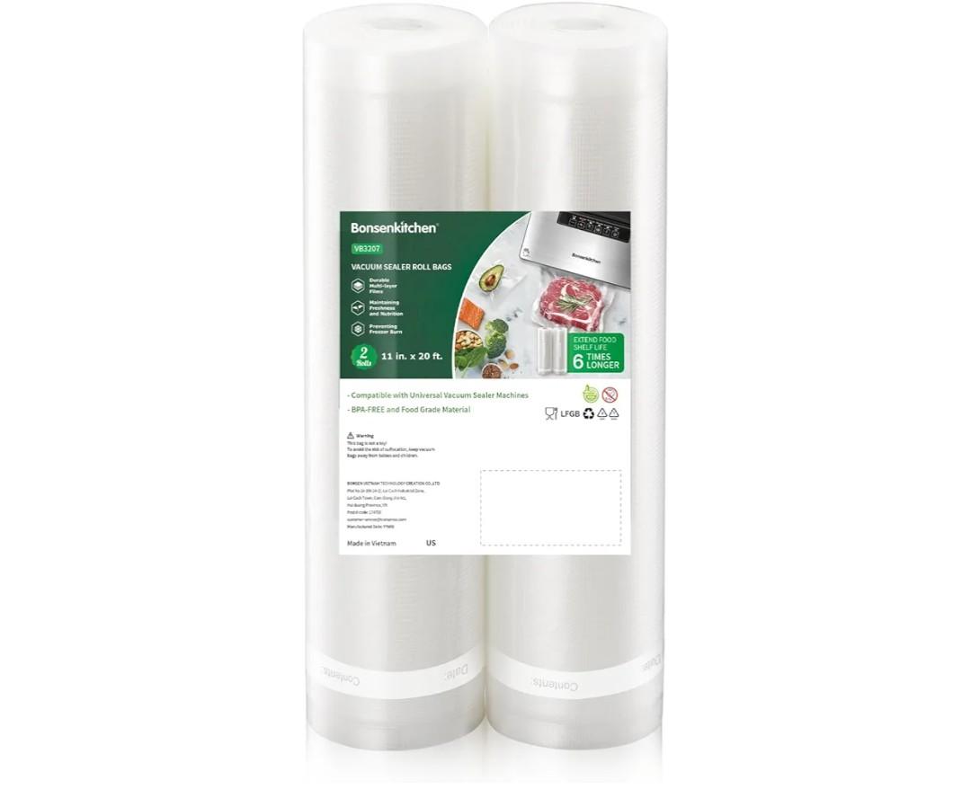 Bonsenkitchen Vacuum Sealer Bags, 11" x 20' Rolls 2 Pack for Food Storage Saver, Bpa Free, Heavy Duty, Commercial Grade Textured Food Roll, Customized Size Bag for Sous Vide Cooking, VB3207