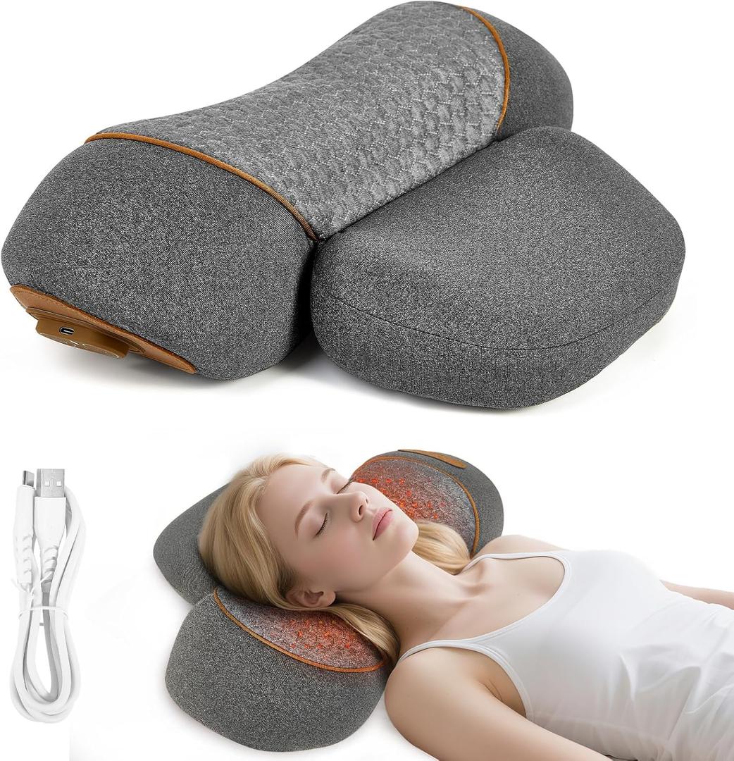 Neck Pillow - 3-in-1 Neck Pillow with Battery, Travel Neck Massage Pillow for Shoulder Pain Relief, Deep Tissue Pain Relief with Heat and Stretching, Neck Hump Corrector for Women (Brownish Gray)