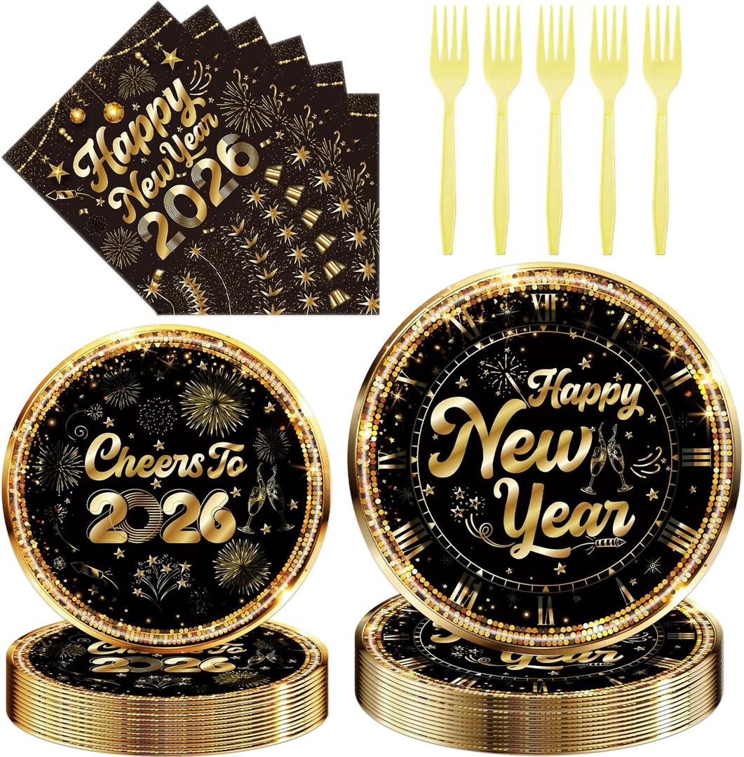 Happy New Years Decorations - 96 PCs Cheers to 2026 Eve Plates and Napkins Forks Tableware Black and Gold Paper Disposable Dessert Dinner Dinnerware Party Supplies Set Gift Serve 24 Guests