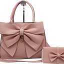 Women Handbag 2 Pcs Set Big Bow-Knot PU Leather Top Handle Bag Designer Tote Bag Clutch Wallet Set for Ladies (Pink)