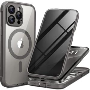 BERFY for iPhone 12 Pro Max Case, Compatible with MagSafe, Built-in Privacy Screen Protector, Camera Protection, Shockproof Full Body Phone Case 6.7", Clear Grey
