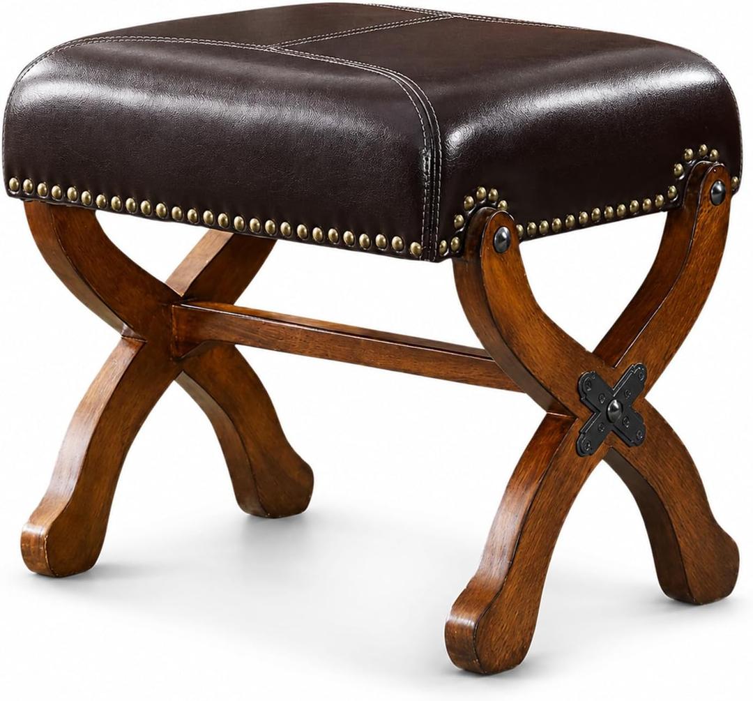 Leather Foot Stool, Genuine Leather Padded Ottoman with Wood Base, Brown, 15.4"D x 18.9"W x 16.5"H