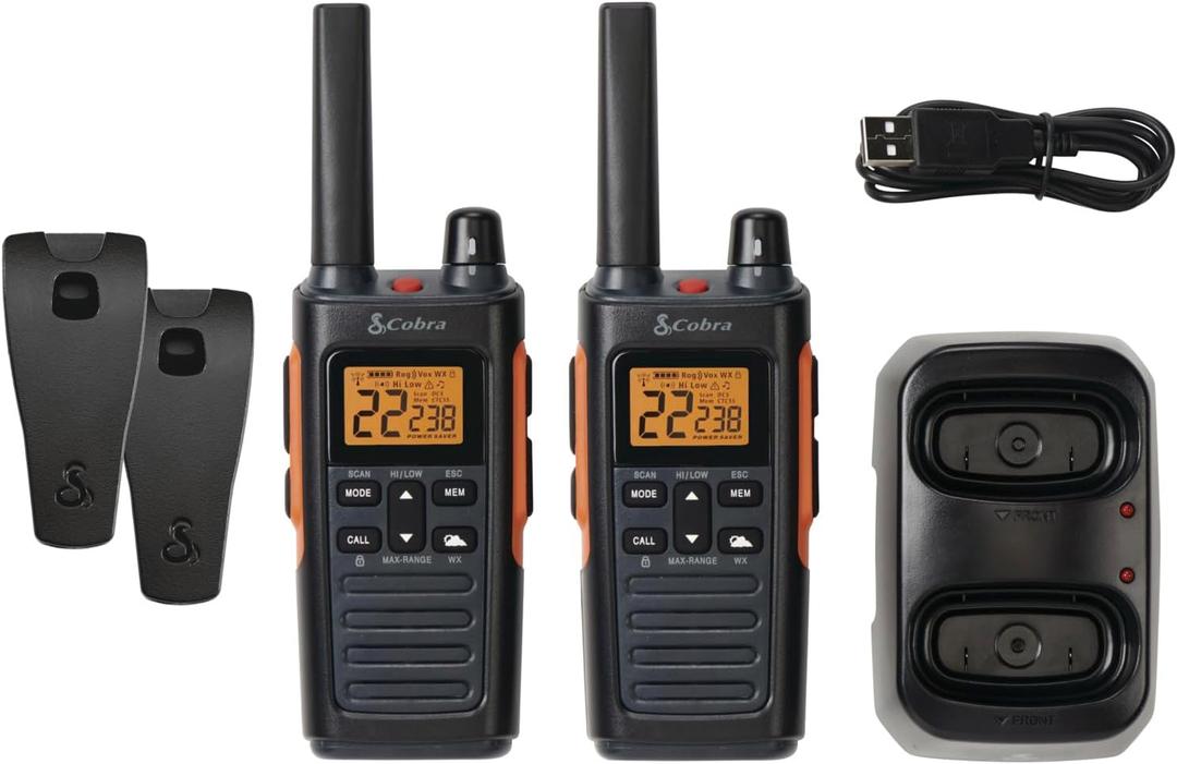 Cobra RX680 Walkie Talkies (2-Pack) - Rugged & Splashproof Two Way Radios Long Range, IP54 Water Resistant Design, 60 Pre-Programmed Channels, Weather Alerts, Included Charging Dock (Black/Orange)
