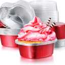 20 Sets Aluminum Foil Cake Pan Heart Shaped Cupcake Cup with Lids 100 Ml/ 3.4 Ounces Disposable Mini Cupcake Cup Baking Cups for Valentine Mother's Day Wedding Xmas Birthday(Red)