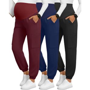 3 Pack Women's Maternity Scrub Pants, Workwear Pregnancy Jogger Pants Over Belly Yoga Sweatpants Zippered Pockets (Medium, Black, Wine Red, Navy Blue)