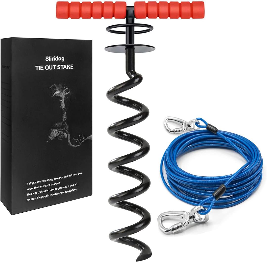 Heavy Duty 30FT Dog Tie Out Cable and Stake for Large Dogs, Dog Tie Out Stake and Cable Anchor for Dogs Up to 200 lbs,for Yard, Beach, Outdoor (Large, Black)