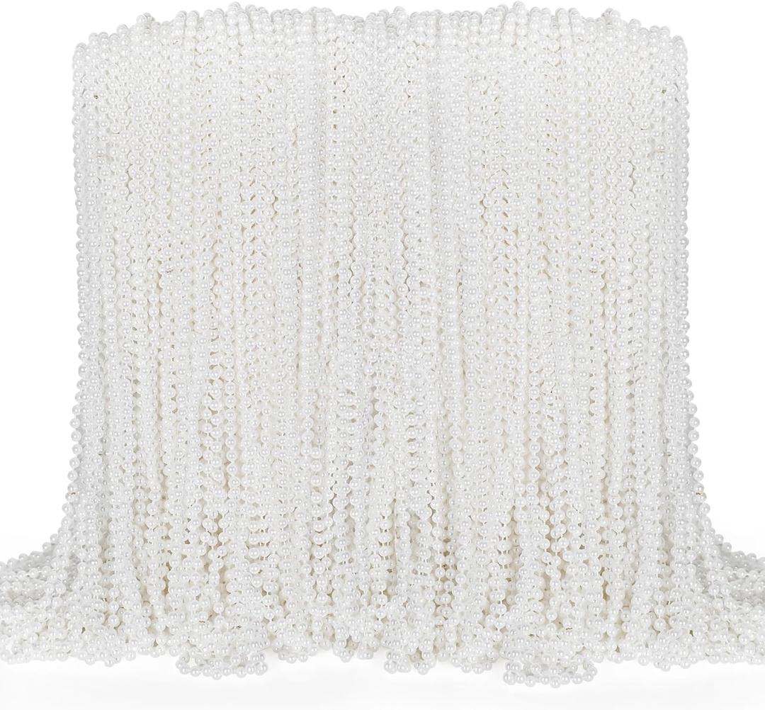 100PCS Bead Necklace, White Mardi Gras Beads Necklaces Bulk, 33" Metallic Round Beads Accessories, Bead Necklace Holiday Events Parade Throws Bridal Shower Party Decor Supplies Favors