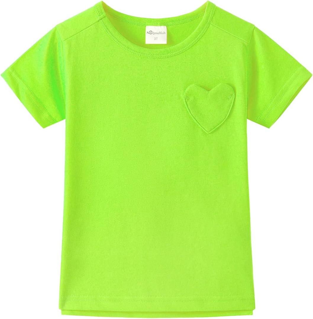 Noomelfish Girls Short Sleeve Heart Pocket T-Shirts Casual Cotton Tee Tops Blouse, Neon Green, Size 11-12 Years
