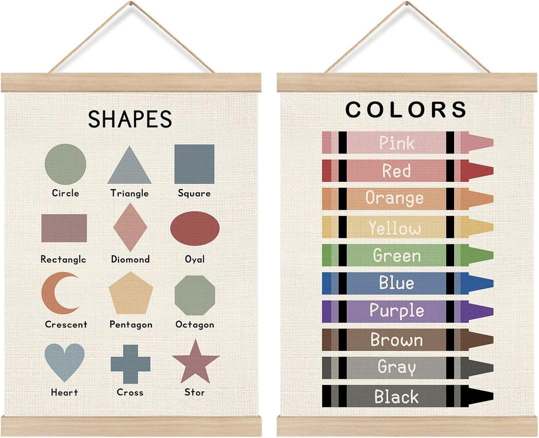 KRHFG Shapes and Colors Nursery Wall Art Poster Framed, Math Class Learning Educational Hanging Canvas Prints Wall Decor for Kids Room Nursery Playroom Classroom, 12x16 Inch Set of 2