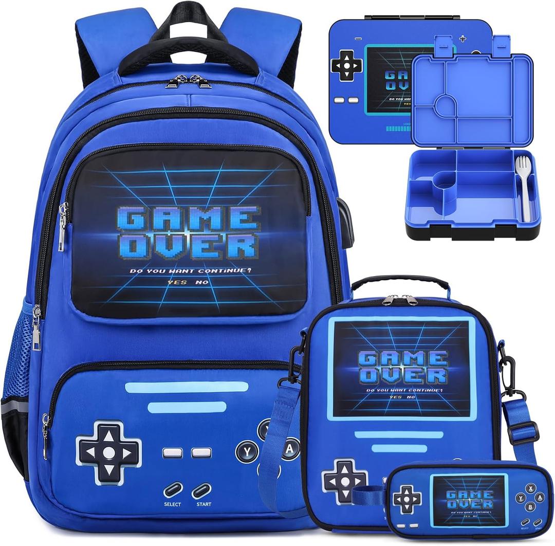 Game luminous Boys Backpack - Bento Box with Insulated Lunch Bag Pencil Case, Utensils Set for Kids, 6 Leakproof Compartments Removable Tray Lunches or Snack Container (Blue)