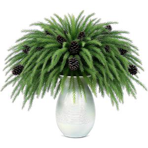 12 Pcs Christmas Norfolk Pine Stems with Pine Cones,18" Norfolk Pine Artificial Branches Greenery Christmas Stems Picks DIY Crafts Faux Xmas Branches for Garland Home Decoration Indoor Outdoor Decor