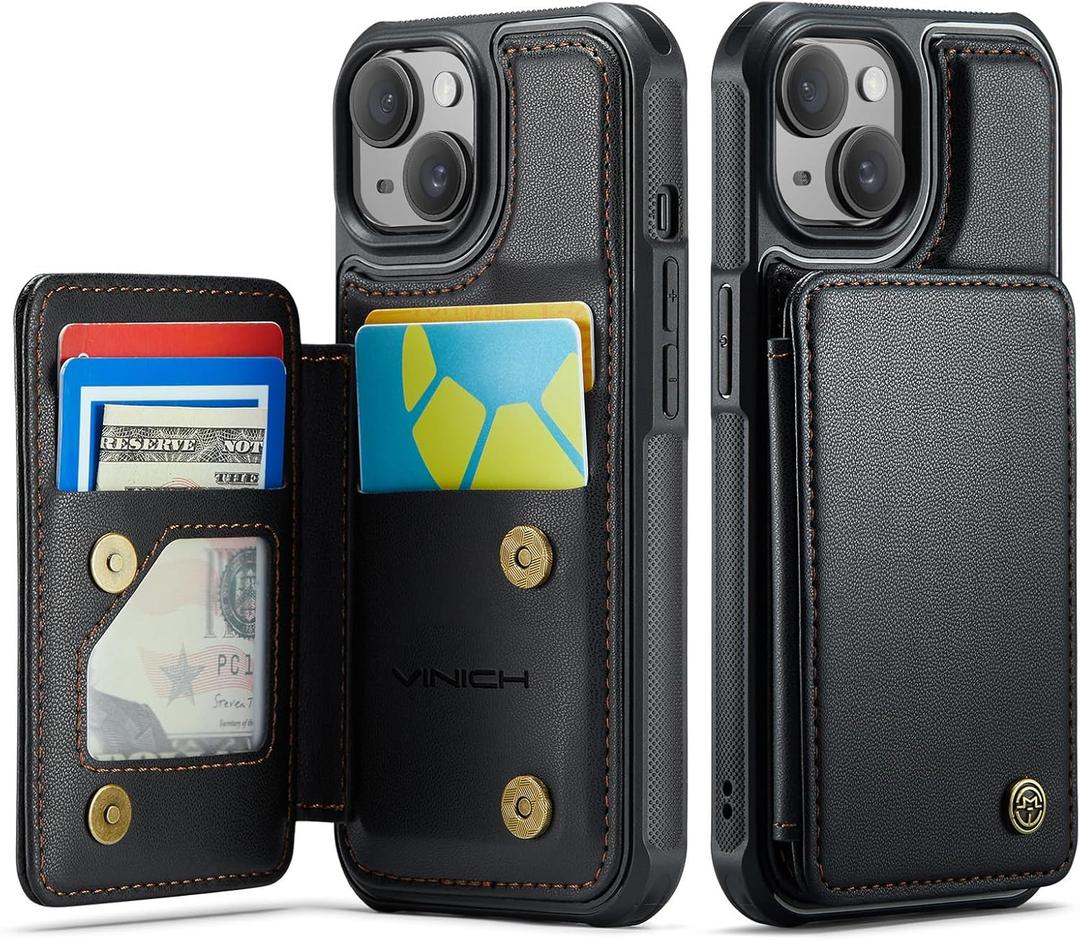 Vinich for iPhone 15 Wallet Case with Card Holder, RFID Blocking Credit Slots Kickstand Shockproof Phone Cover Fit for iPhone 15 6.1" Black