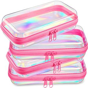 Hoolerry 4 Pcs Hard Clear Zipper Case Makeup Bags Plastic Zipper Pouch Transparent Storage Box Containers for Cosmetics, Snacks, Building Blocks, Puzzles(Clear,7.5 x 3.9 x 2 in,Pink Laser)