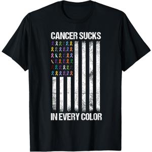 Cancer Sucks in Every Color Tshirt USA American Flag Ribbons T-Shirt (Black, Small)