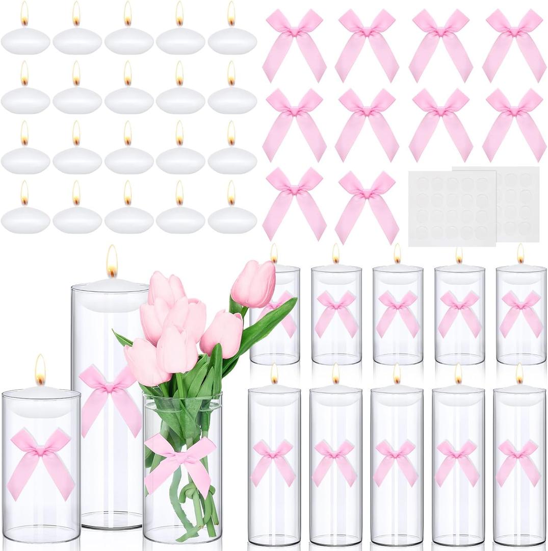 Nuanchu 10 Set Glass Cylinder Vases for Centerpieces with 20 White Floating Candles 10 Pink Bow 6, 8 Inch Glass Vases for Wedding Bow Party Table Shelf Decor Bridal Shower