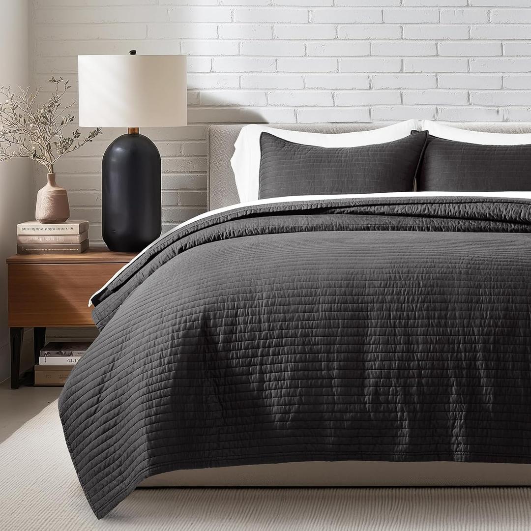 EVERGRACEHOME Cotton Sateen Quilt Set King Size, Pre-Washed Cotton Channel Stitch Coverlet Bedspread, 3 Pieces Lightweight Soft Bedding Sets for All Season, with 2 Pillow Shams, Washed Black (King/Cal King (108" X 96"))