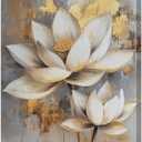 Olivine Zen Wall Art, Lotus Pictures Wall Decor, White and Golden Lotus Flower Bloom Painting Canvas Prints, Framed Artwork for Bedroom Bathroom Living Room Office Spa Meditation Yoga 24"x20"